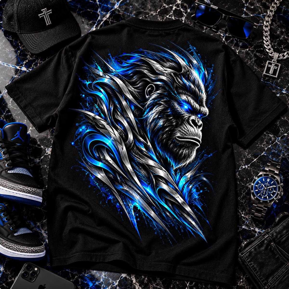 Blue Energy Gorilla Spirit Back Print Tee | Graphic Ape Shirt