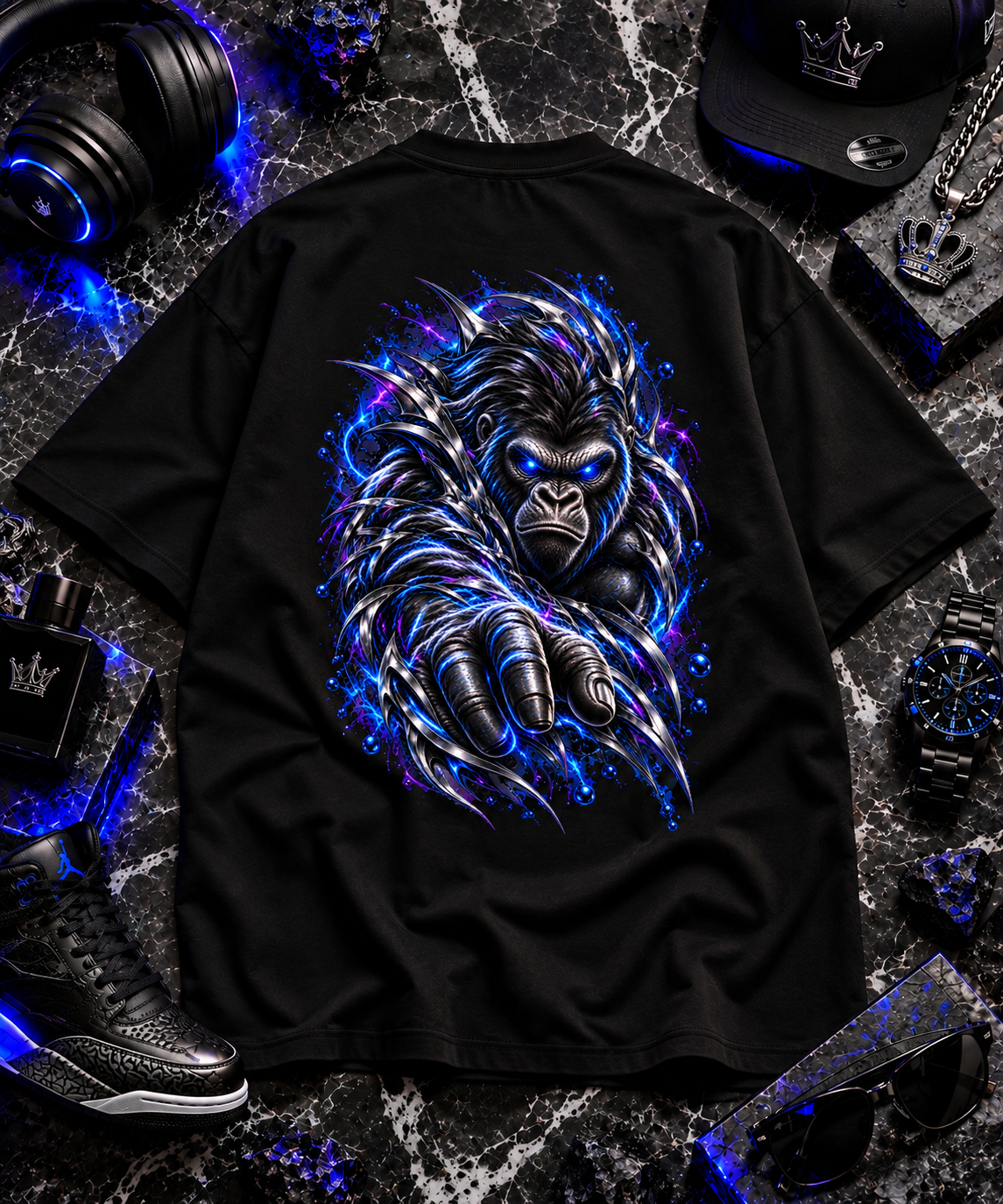 Neon Blue Gorilla Claw Graphic Tee | Ape Streetwear T-Shirt
